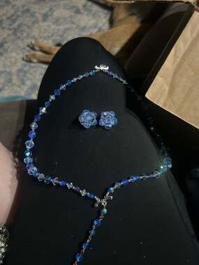 Swarovski Blue Crystal Bicone Bead Necklace and Cluster Ear Set with Swan Clasp